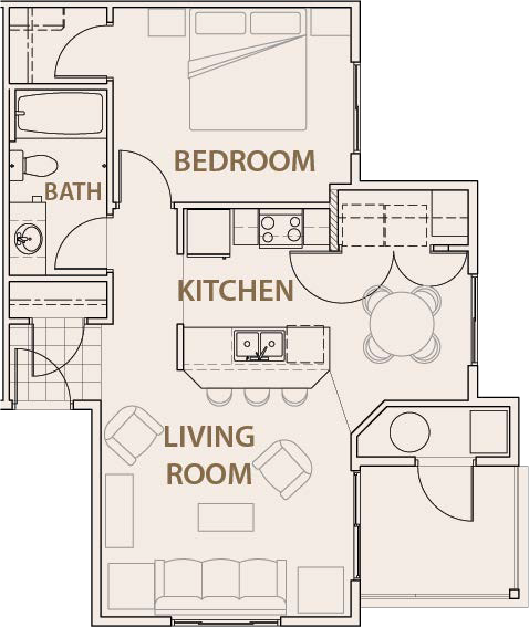 Floor plan for 1 bed, 1 bath, 700 sqft